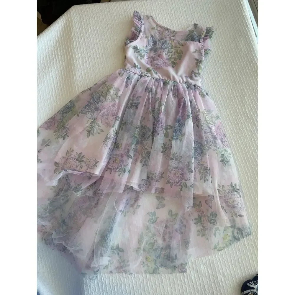 Zenzi Floral High Low Tulle Formal Girl Dress Size XS 4/5 Pink Garden Fairy EUC - Picture 3 of 14